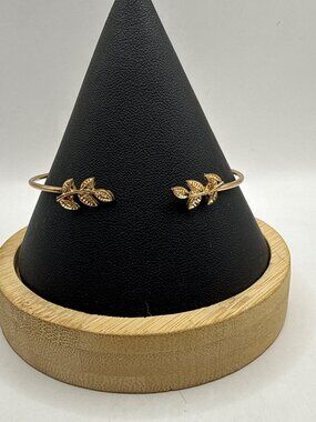 Gold Tone Leaf Open Cuff Bangle Minimalist Boho Bridal Aesthetic Bracelet